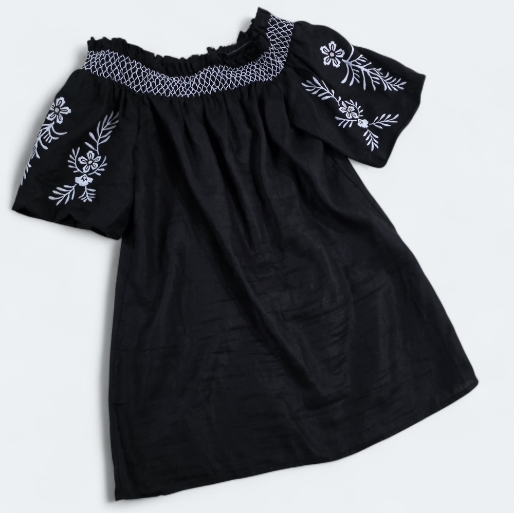 Vince Camuto Black Embroidered Linen Off-Shoulder Dress Size Large